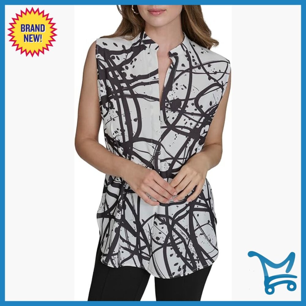 Geometric Print V-Neck Sleeveless Top, Polyester, Classic Fit, Long Length